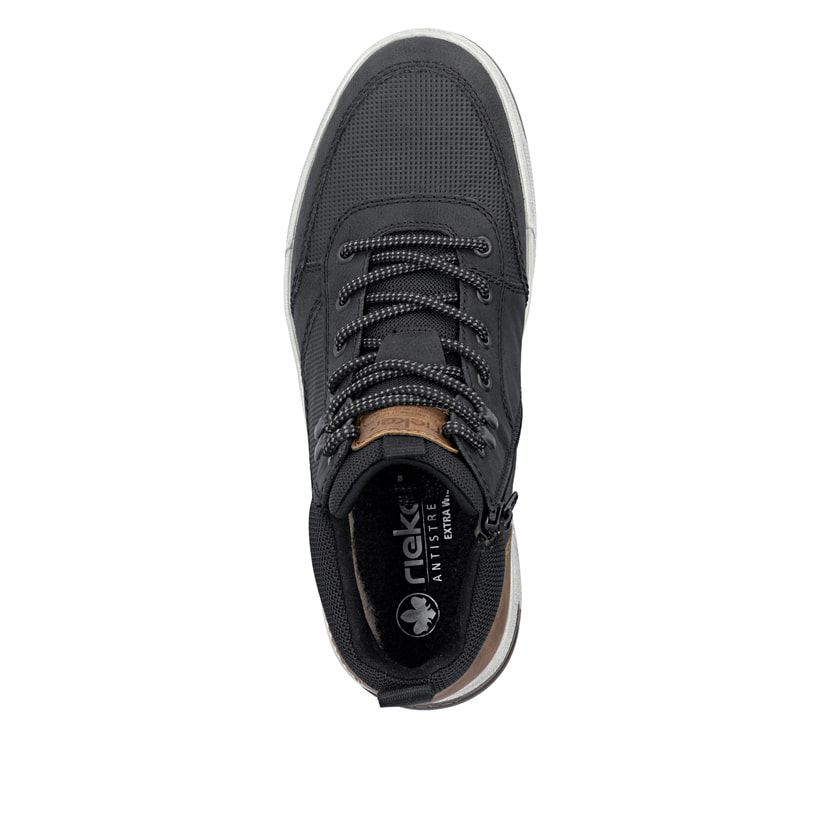 Schwarz-braune Rieker Herren Sneaker High 36020-00 mit einem Reißverschluss. Schuh von oben.