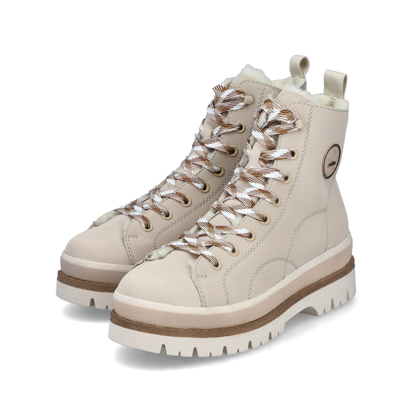 Hellbeige Rieker Damen Schnürstiefel Y6220-60 mit einem Reißverschluss. Schuhpaar seitlich schräg.