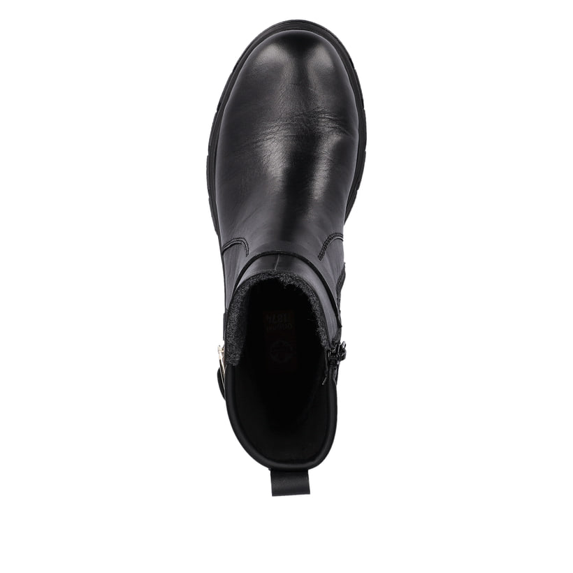 Schwarze Rieker Damen Kurzstiefel Z9174-00 mit Zierschnalle sowie Reißverschluss. Schuh von oben.