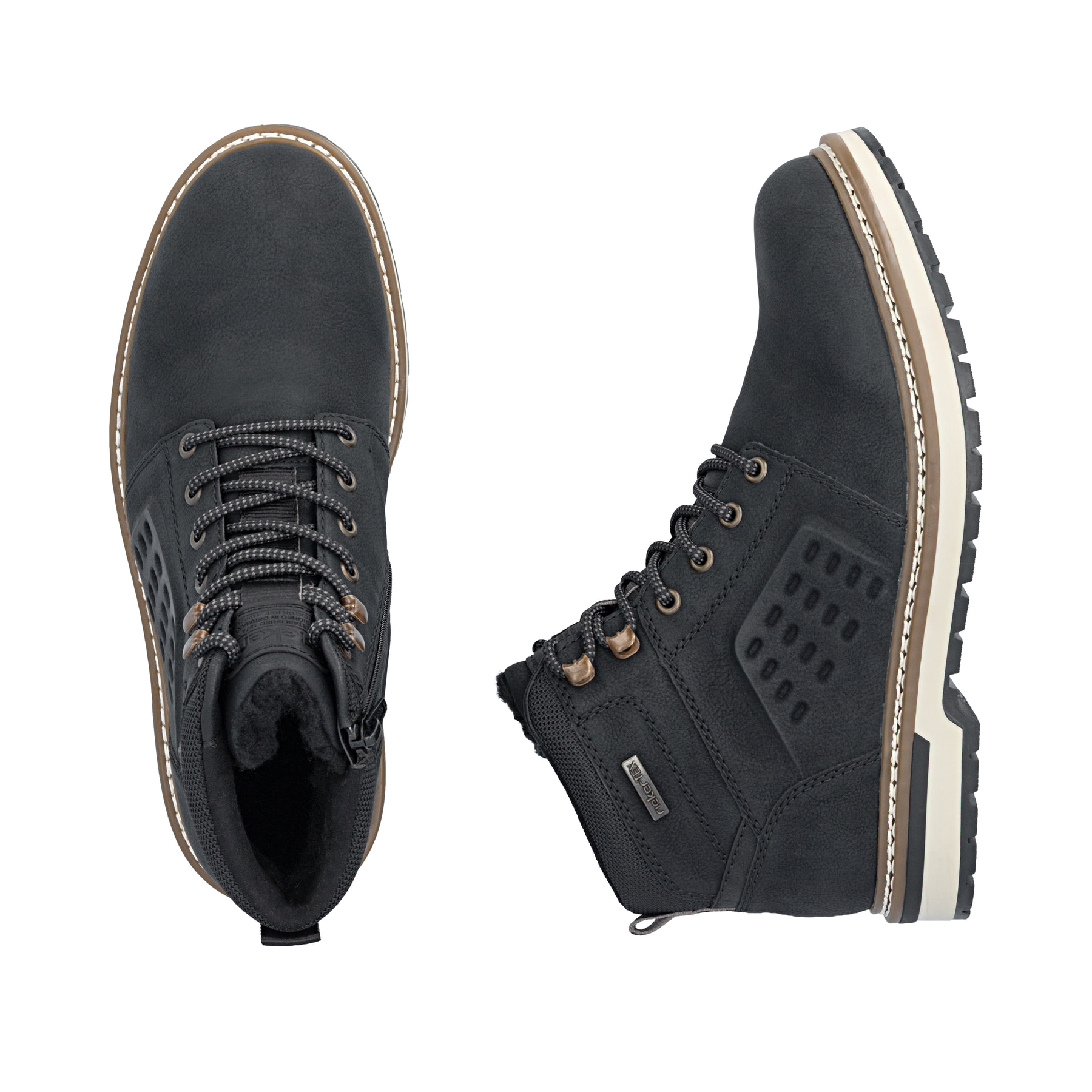 Schwarze Rieker Herren Schnürstiefel F3800-00 mit wasserabweisender TEX-Membran. Schuh von oben, liegend.