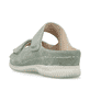 Grüne Rieker Damen Pantoletten V7492-52 mit Klettverschluss sowie Extraweite H. Schuh von hinten.