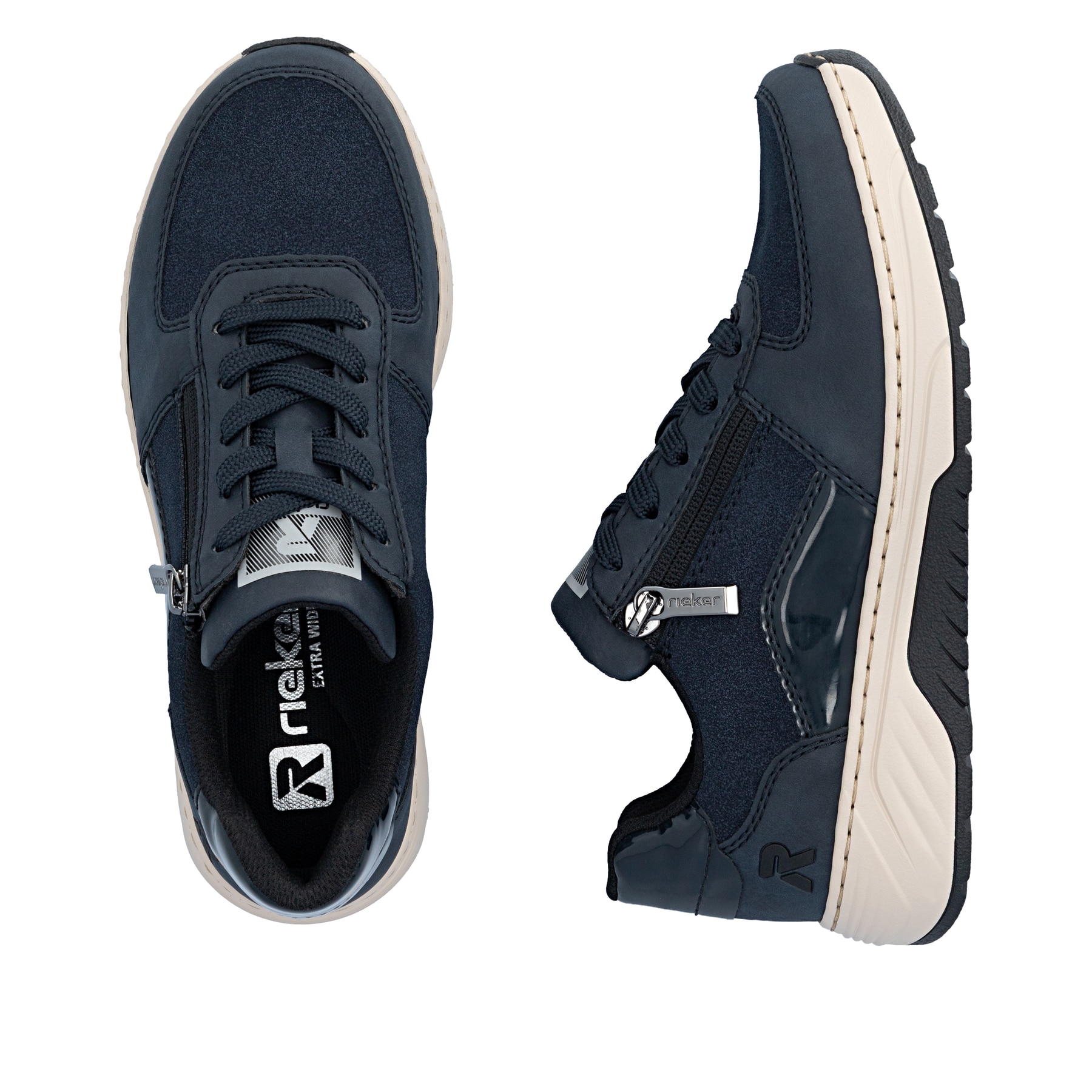 Dunkelblaue Rieker Damen Sneaker Low 53101-15 mit einem Reißverschluss. Schuh von oben, liegend.