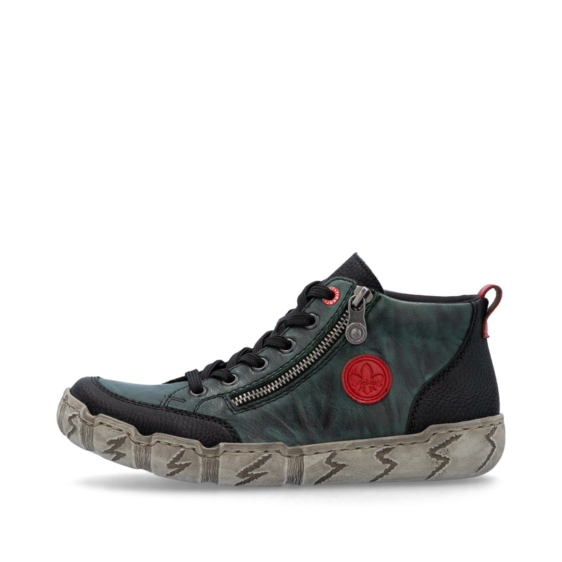 Grünschwarze Rieker Damen Kurzstiefel L0306-54 aus Glattleder mit rundem Logo. Schuh Außenseite.