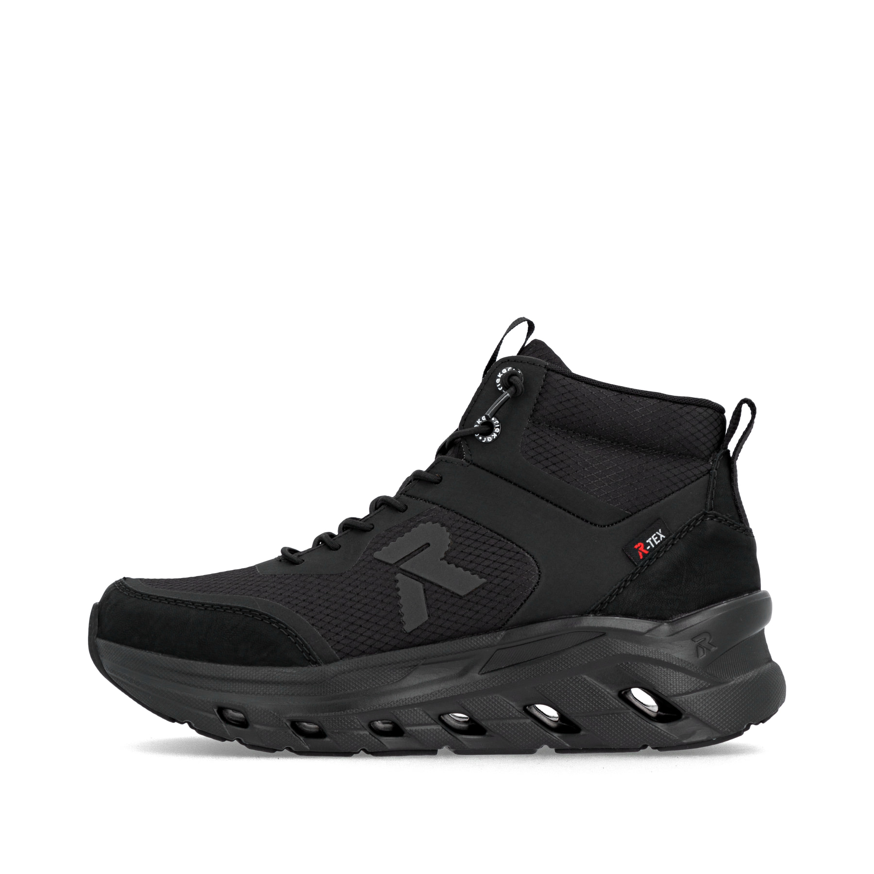 Schwarze Rieker Damen Sneaker High W3570-01 mit wasserabweisender TEX-Membran. Schuh Außenseite.