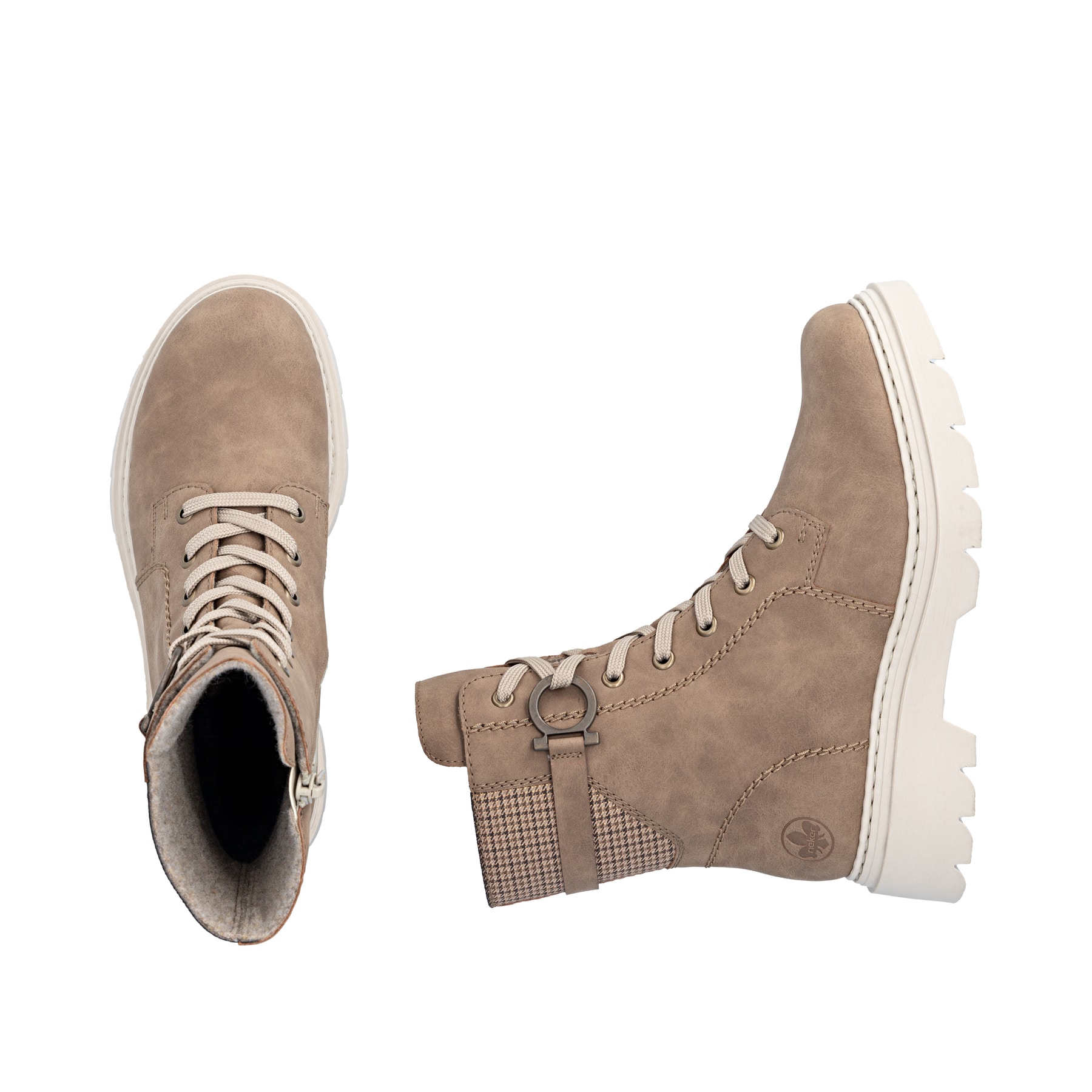 Beige Rieker Damen Biker Boots 76732-20 mit gemustertem Schaft. Schuh von oben, liegend.