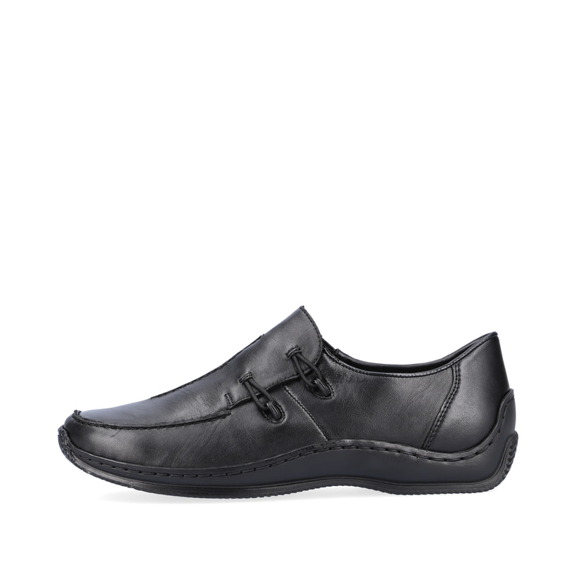 Schwarze Rieker Damen Slipper L1751-00 mit einem Gummizug. Schuh Außenseite.
