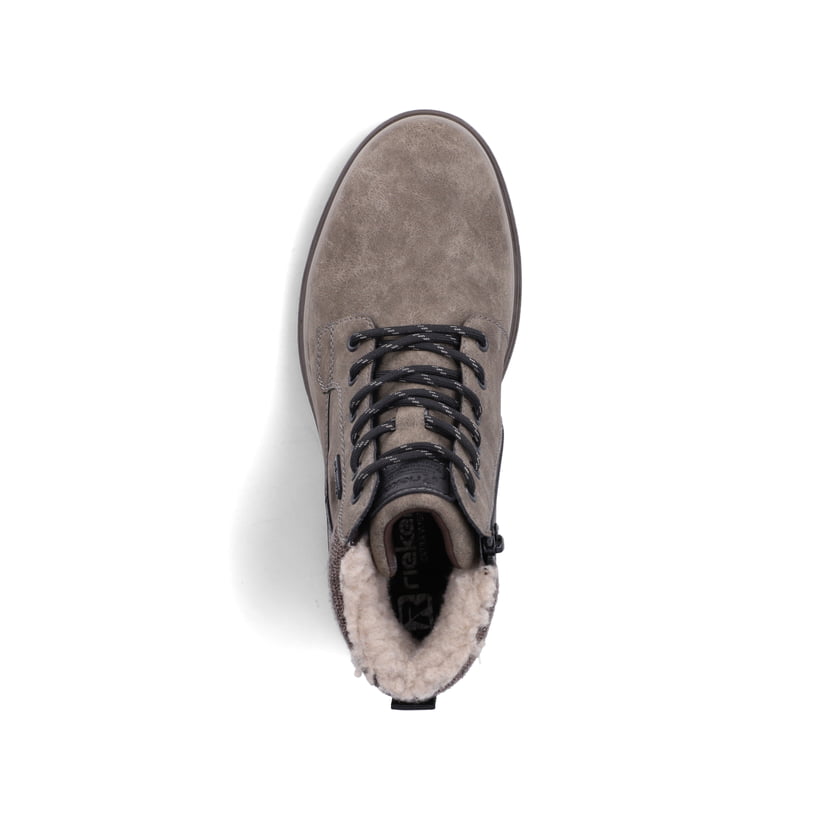 Grau-braune Rieker Herren Schnürstiefel F7010-25 mit modernen Ziernähten. Schuh von oben.