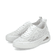 Weiße Rieker Damen Sneaker Low N6409-80 mit Rieker Air Sohlenfenster. Schuhpaar seitlich schräg.