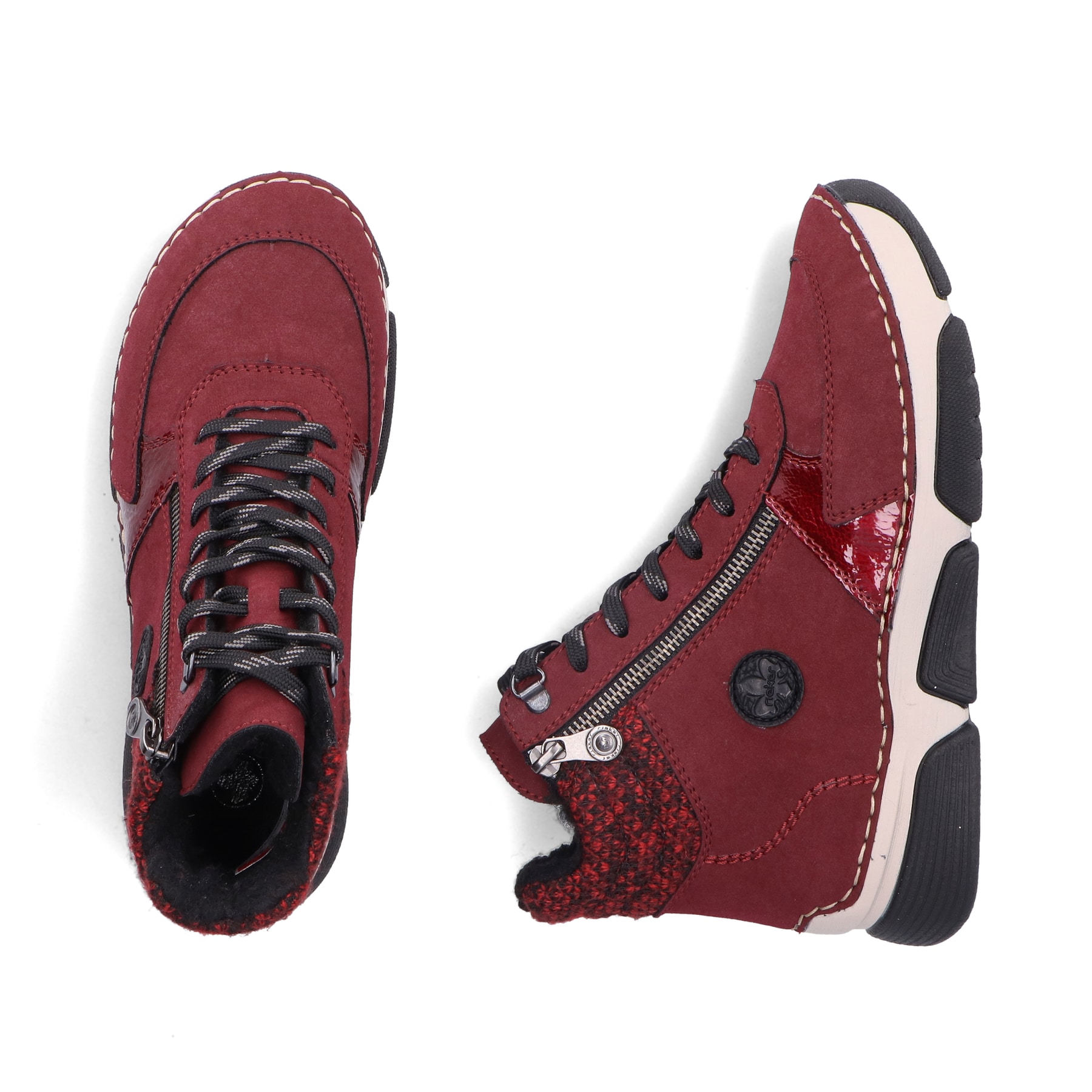 Dunkelrote Rieker Damen Schnürstiefel 45960-35 mit einem Reißverschluss. Schuh von oben, liegend.
