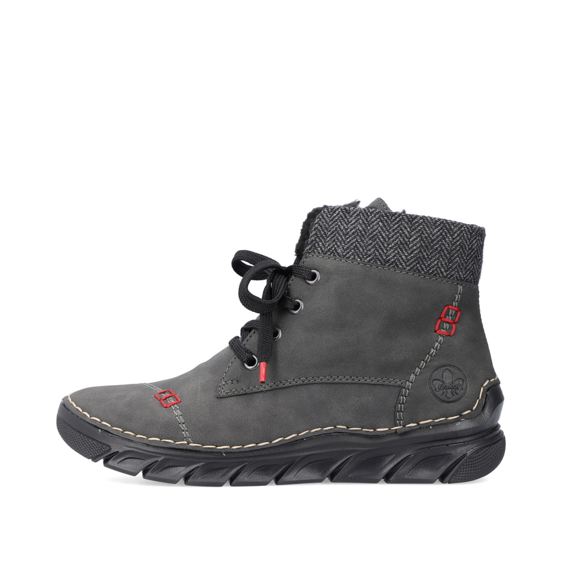 Graue Rieker Damen Schnürstiefel 55031-45 mit einer schockabsorbierenden Sohle. Schuh Außenseite