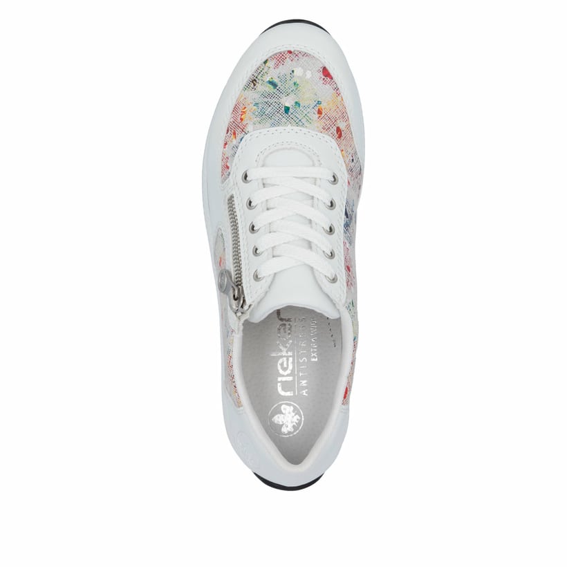 Weiße Rieker Damen Sneaker Low N1112-90 mit Reißverschluss sowie Extraweite H. Schuh von oben.