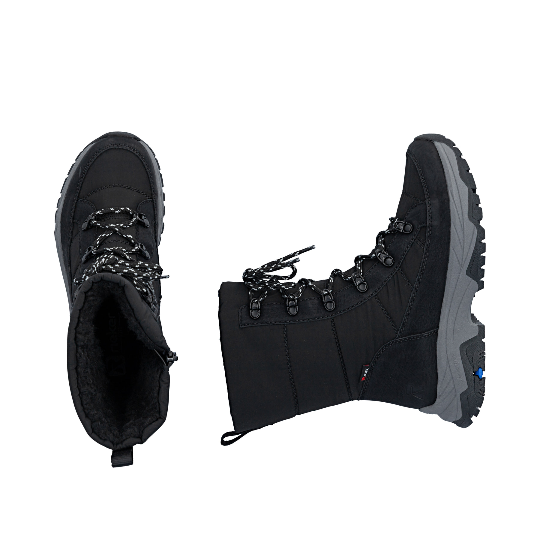 Schwarze Rieker Damen Kurzstiefel Z3950-00 mit dem umdrehbaren Glacier Grip. Schuh von oben, liegend.
