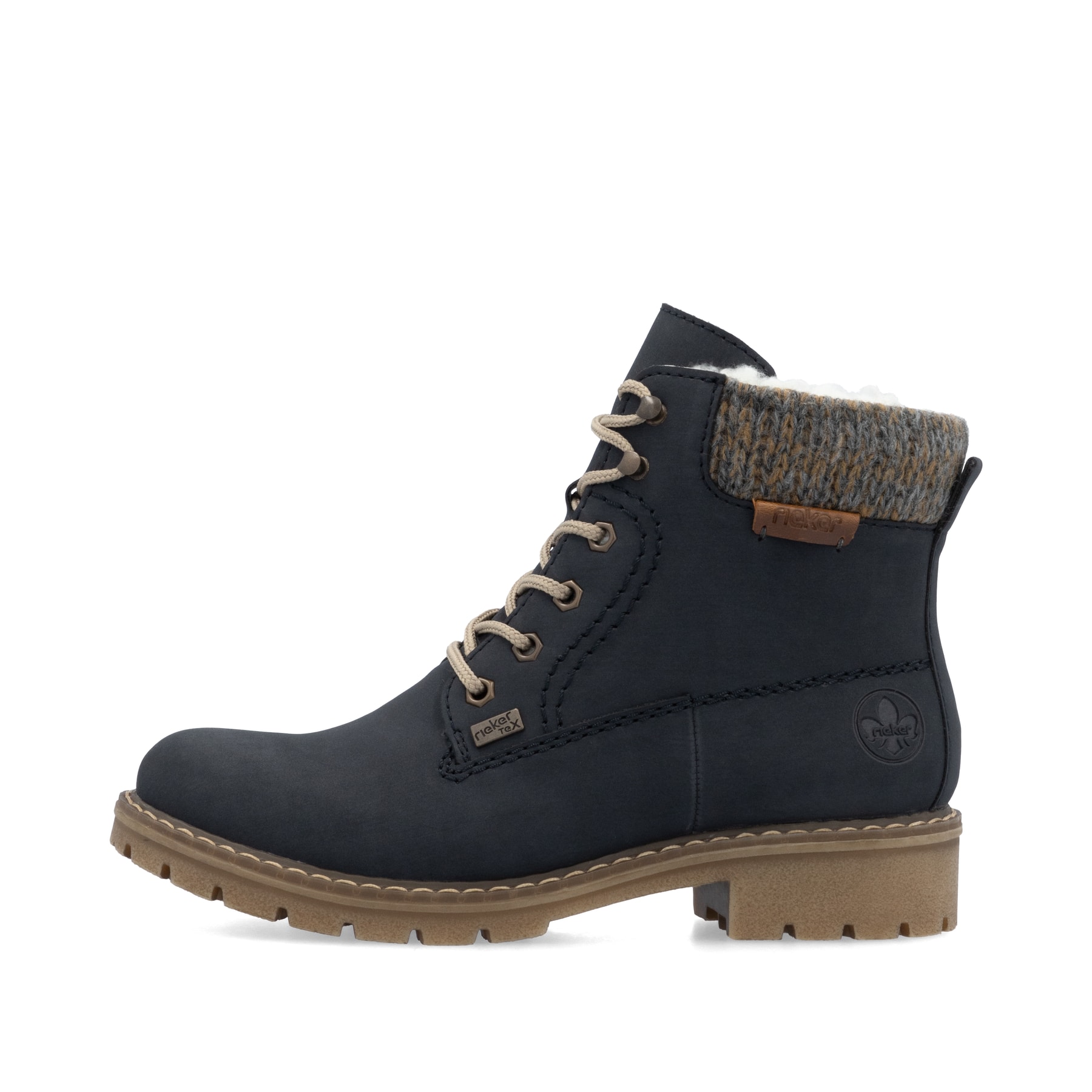 Dunkelblaue Rieker Damen Schnürstiefel Y9118-14 mit Strick-Kragen. Schuh Außenseite.