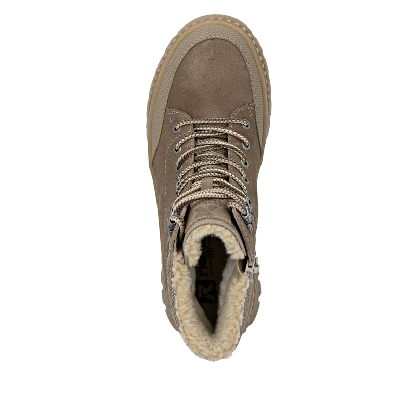 Bottes à lacets Rieker beiges pour femme W2176-64 avec semelle Fiber-Grip. Chaussure vue de dessus.