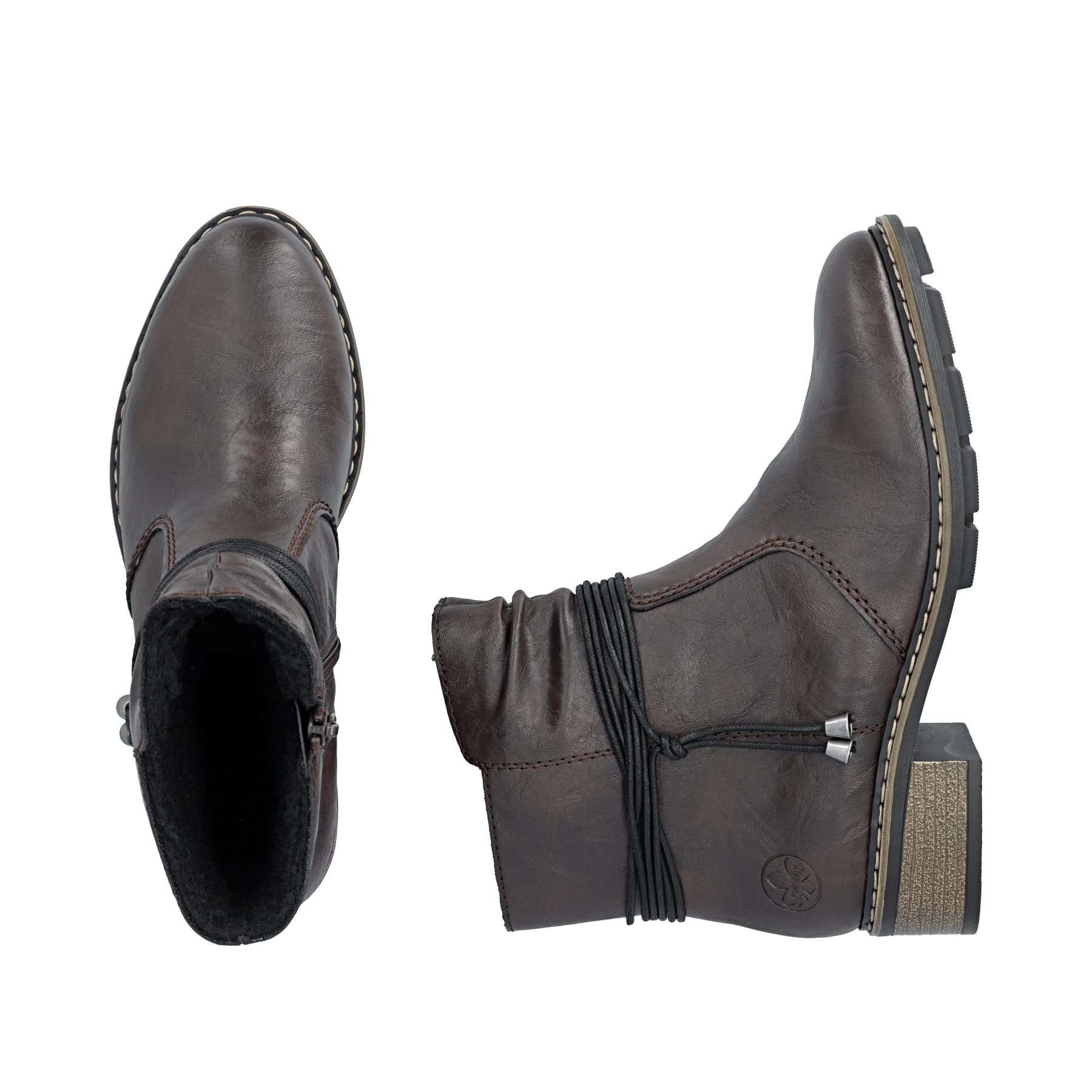 Dunkelbraune Rieker Damen Stiefeletten 77263-25 mit dekorativer Kordel. Schuh von oben, liegend.