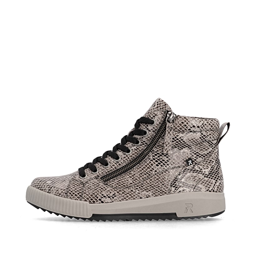 Beige-schwarze Rieker Damen Sneaker High W0164-64 mit modernen Ziernähten. Schuh Außenseite.