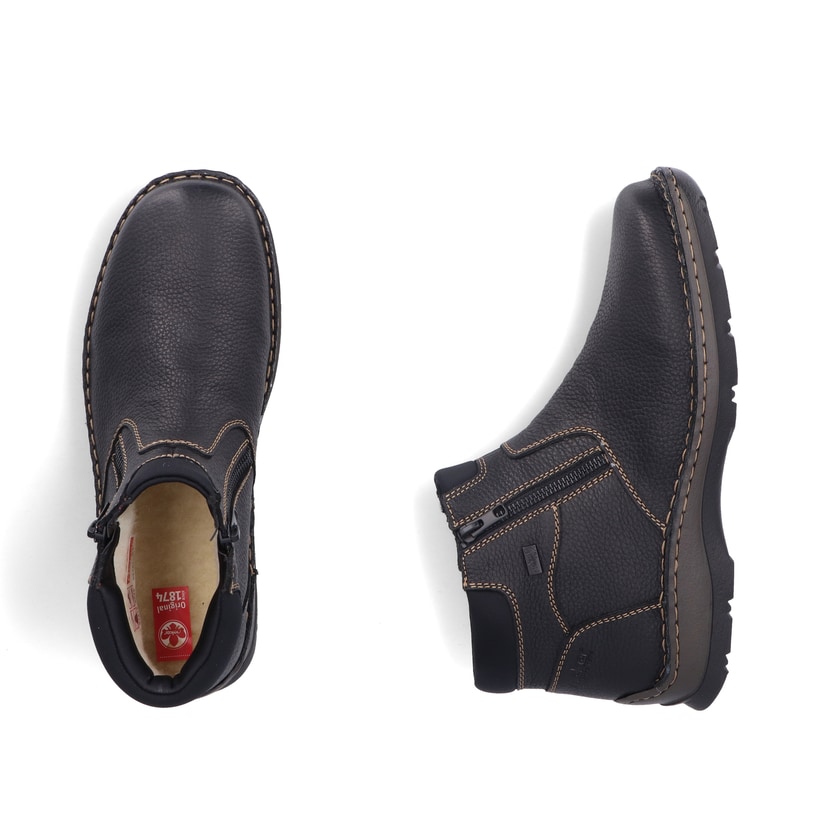 Schwarze Rieker Herren Kurzstiefel 05362-00 aus Glattleder. Schuh von oben, liegend.