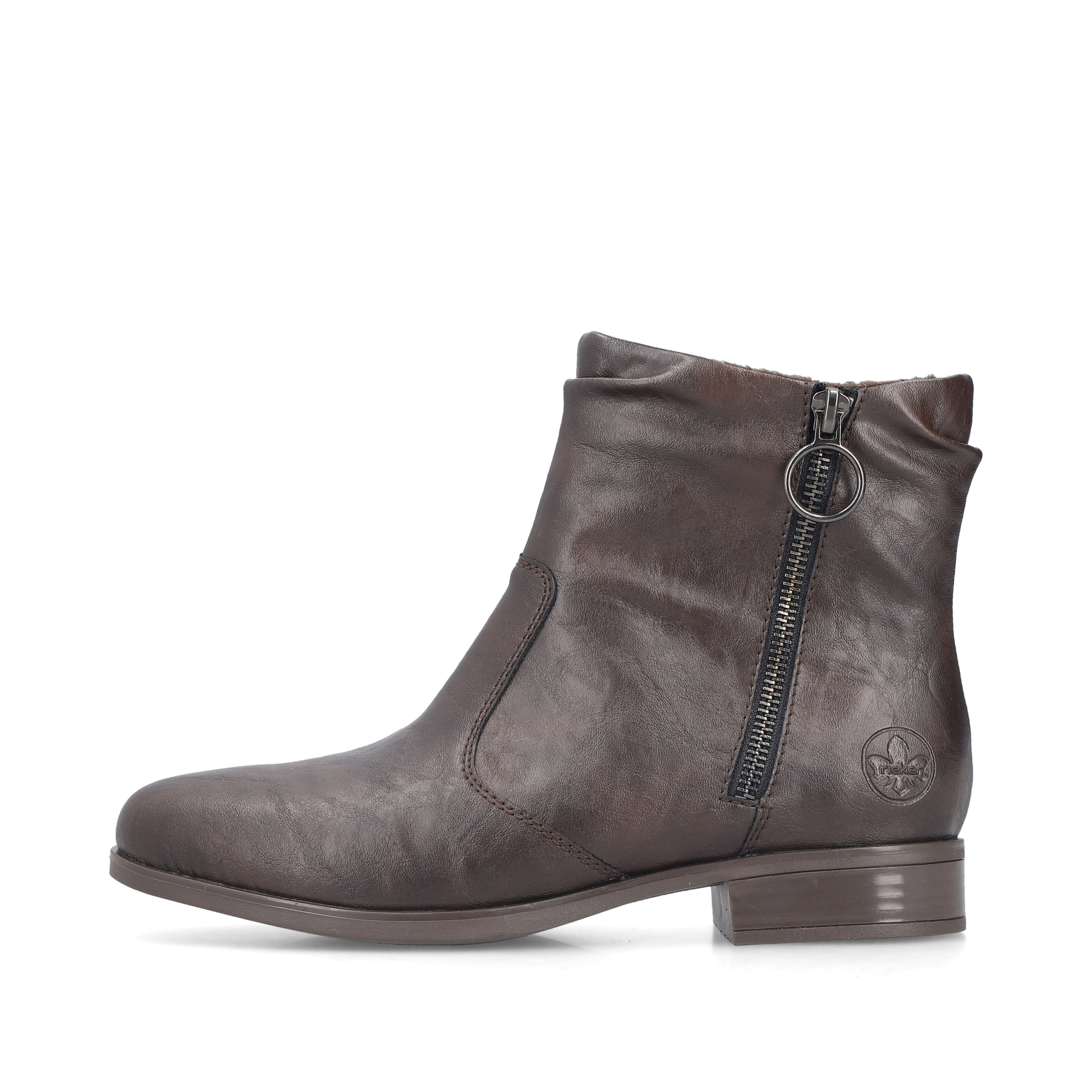 Dunkelbraune Rieker Damen Stiefeletten 77041-26 mit Zierelement. Schuh Außenseite.