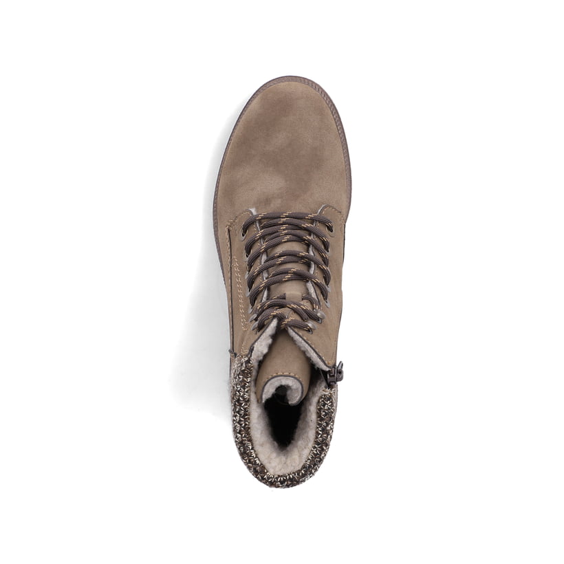 Braune Rieker Damen Schnürstiefel Y7621-25 mit Strick-Kragen. Schuh von oben.