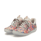 Mehrfarbige Rieker Damen Slipper 52567-90 mit easy Hineinschlüpf-Möglichkeit. Schuhpaar seitlich schräg.