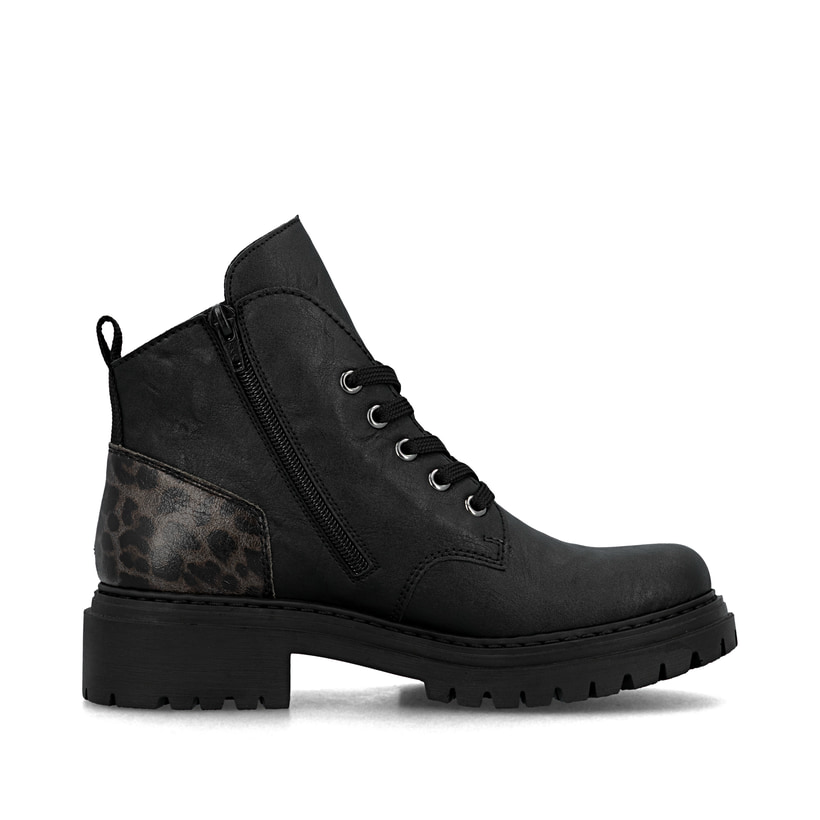 Schwarze Rieker Damen Biker Boots 72602-00 mit Leo-Print sowie einer Schnürung. Schuh Innenseite.