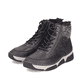 Dunkelbraun-beige Rieker Damen Schnürstiefel 45956-25 mit Strick-Kragen. Schuhpaar seitlich schräg.