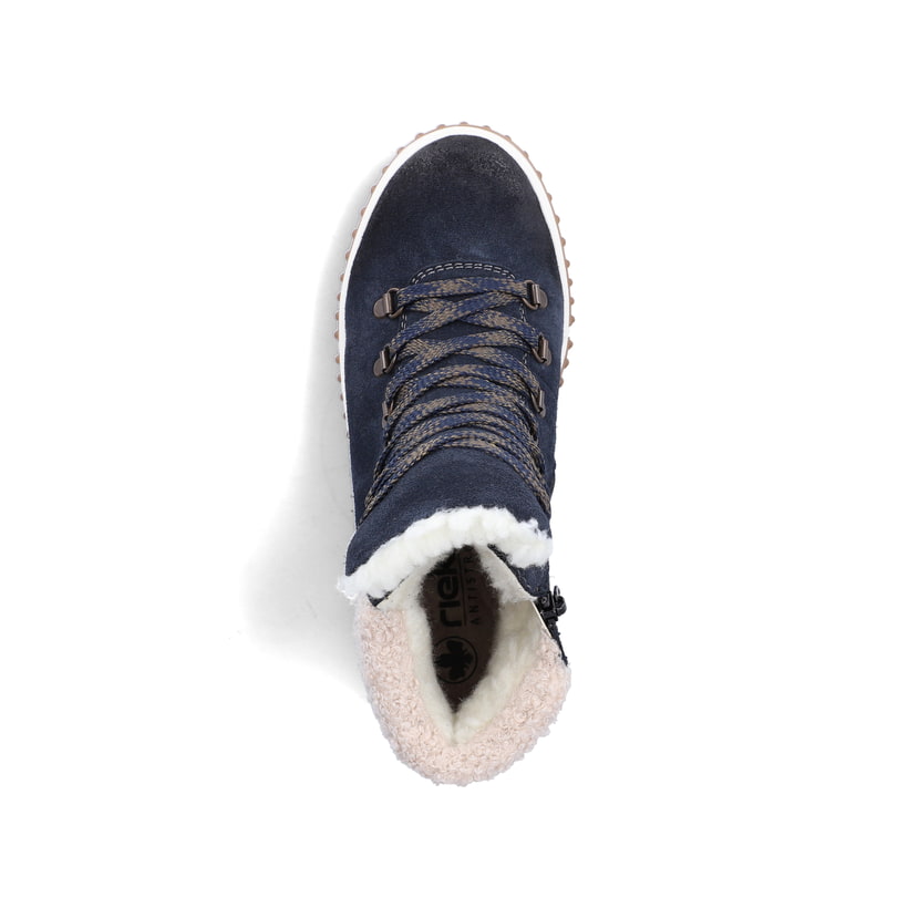 Dunkelblau-beige Rieker Damen Schnürstiefel Y6347-14 aus Rauleder. Schuh von oben.