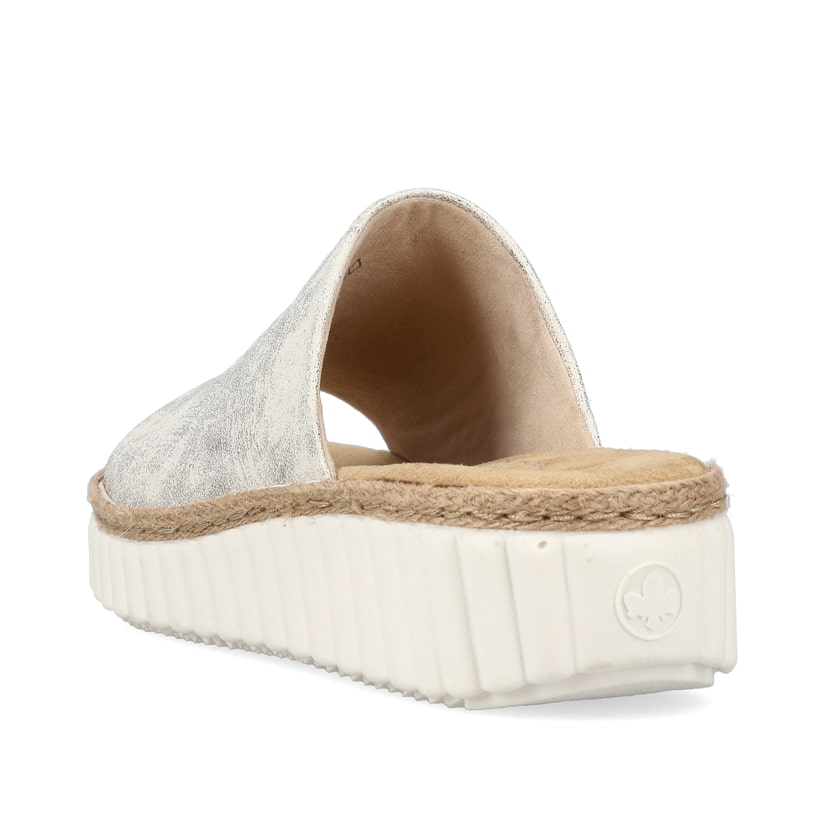 Beige Rieker Damen Pantoletten 69288-60 mit moderner Spannnaht. Schuh von hinten.