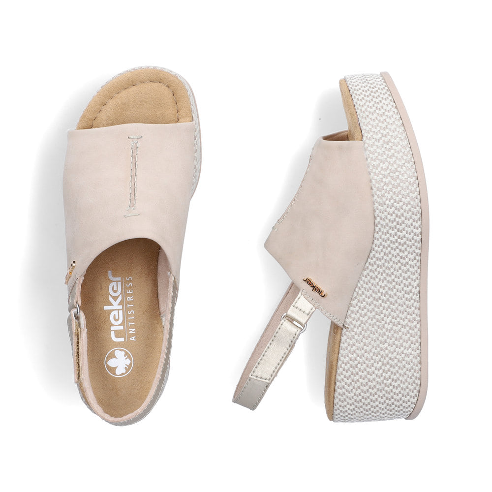 Beige Rieker Damen Sandalen 69460-62 mit moderner Spannnaht. Schuh von oben, liegend.