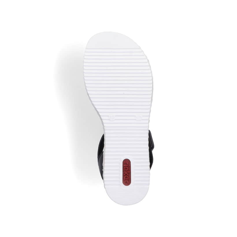 Schwarze Rieker Keilsandaletten V3660-02 mit trendigen Schnalle. Schuh Laufsohle.
