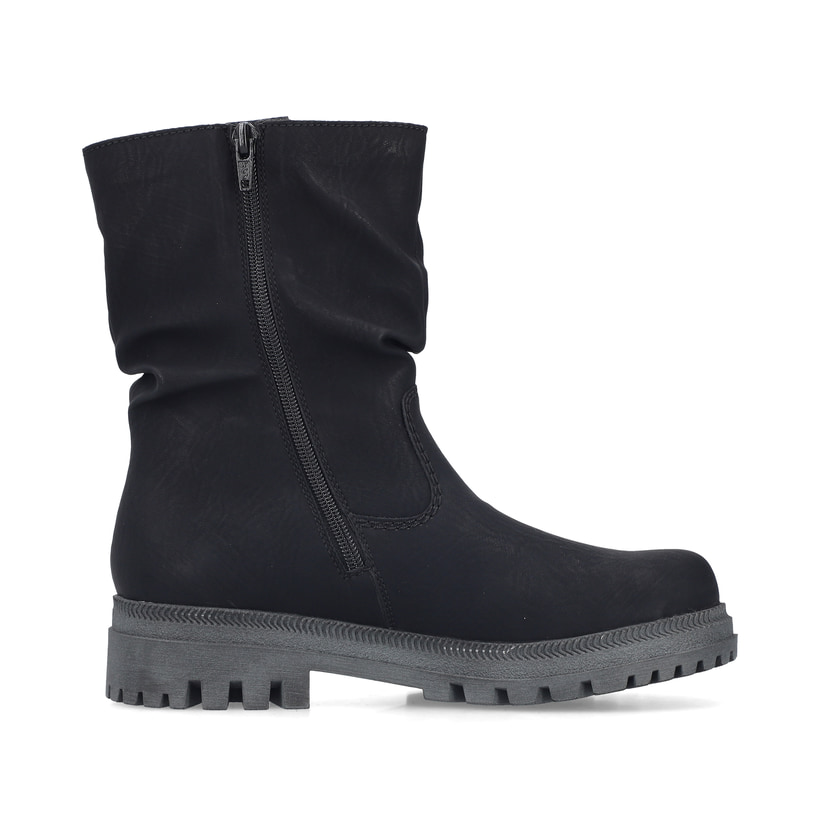 Schwarze Rieker Damen Kurzstiefel Y7681-00 mit gerafftem Schaft. Schuh Innenseite.