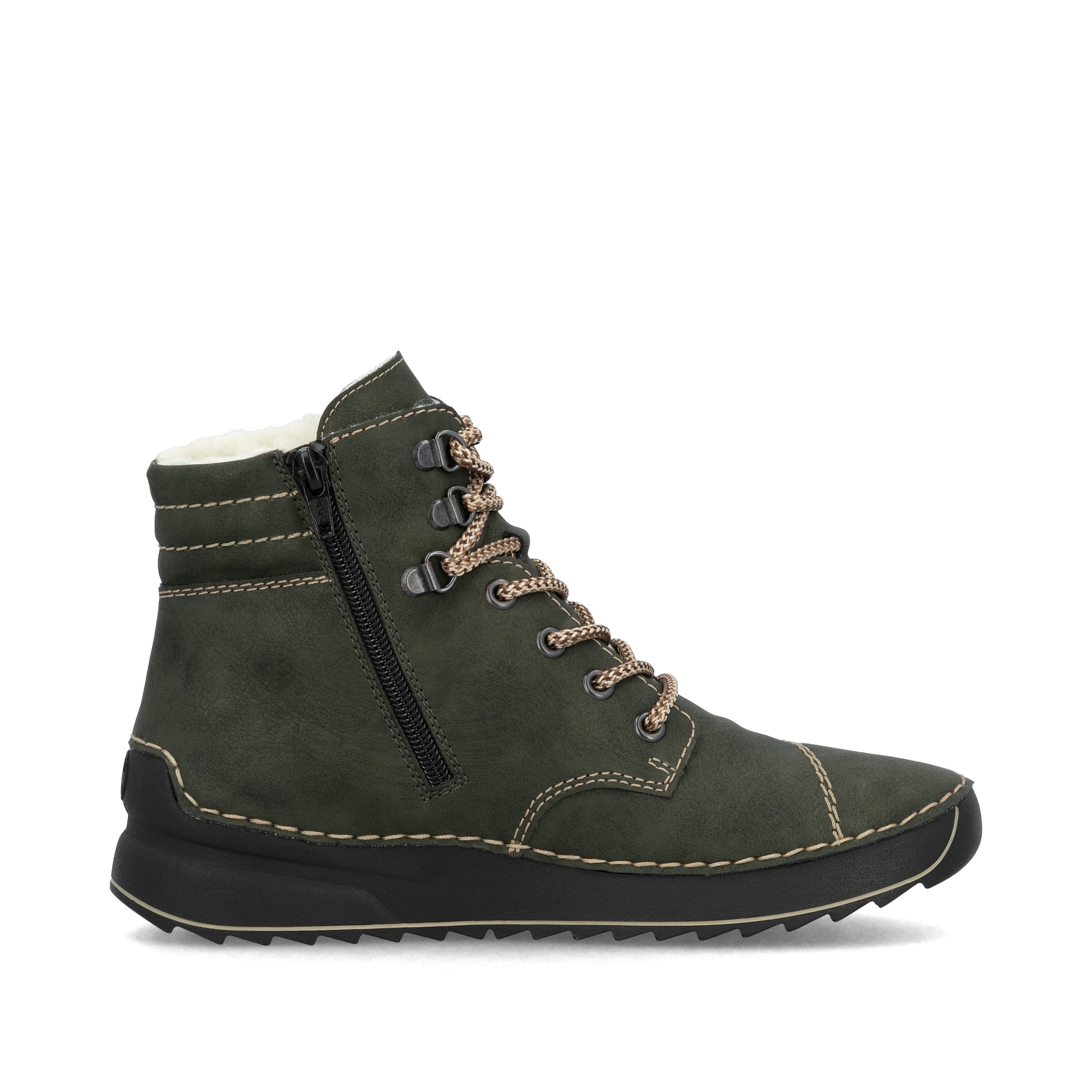 Graugrüne Rieker Damen Schnürstiefel 51545-54 mit Schnürung und Reißverschluss. Schuh von hinten