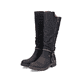 Tiefschwarze Rieker Damen Hochschaftstiefel Z4759-01 mit einem Reißverschluss. Schuhpaar seitlich schräg.