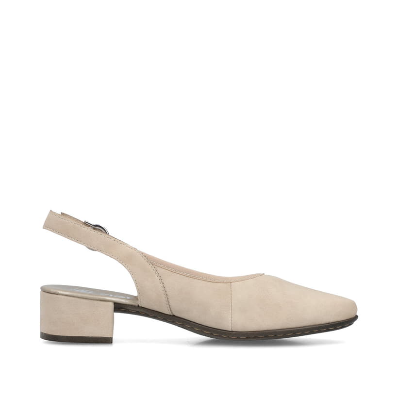 Beige Rieker Slingpumps 47060-62 mit Schnalle sowie einer leichten Sohle. Schuh Innenseite.