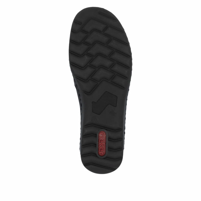 Mocassins Rieker noirs pour femme 48964-00 avec bande élastique. Semelle extérieure de la chaussure.