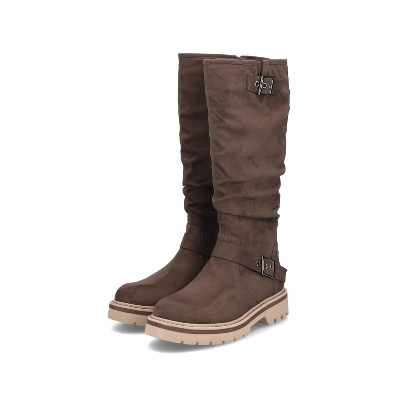 Braune Rieker Damen Hochschaftstiefel 91592-25 mit einem Reißverschluss. Schuhpaar seitlich schräg.