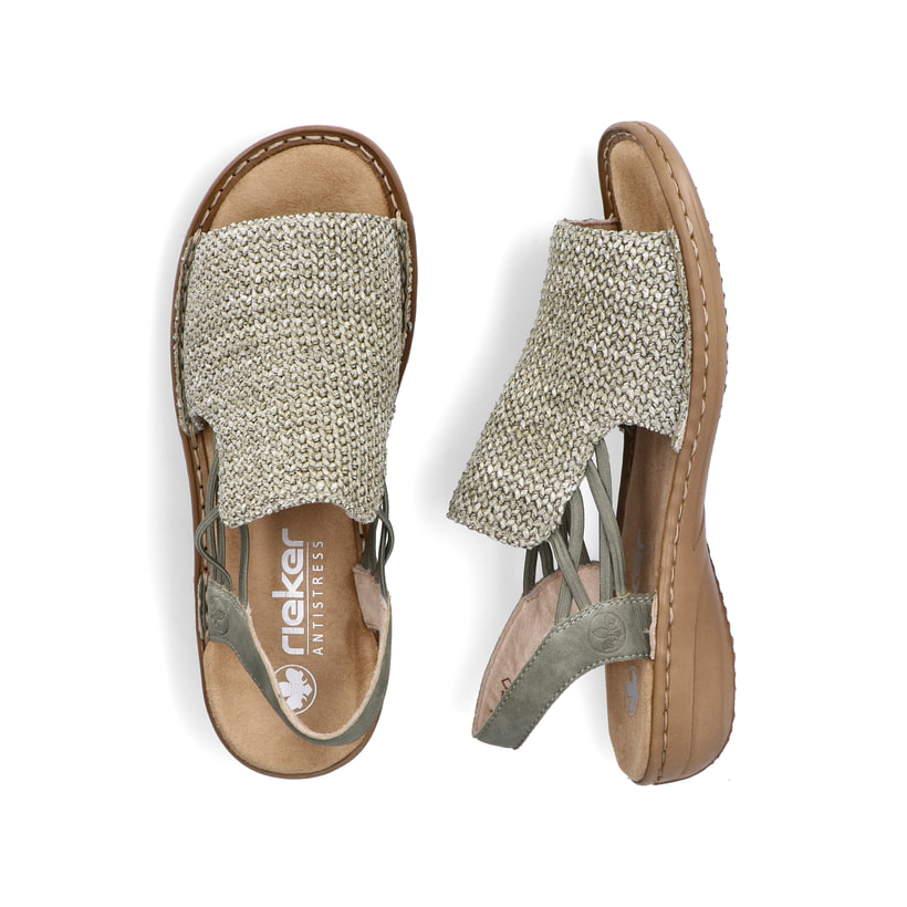 Grüne Rieker Damen Riemchensandalen 60843-52 mit einem Gummizug. Schuh von oben, liegend.