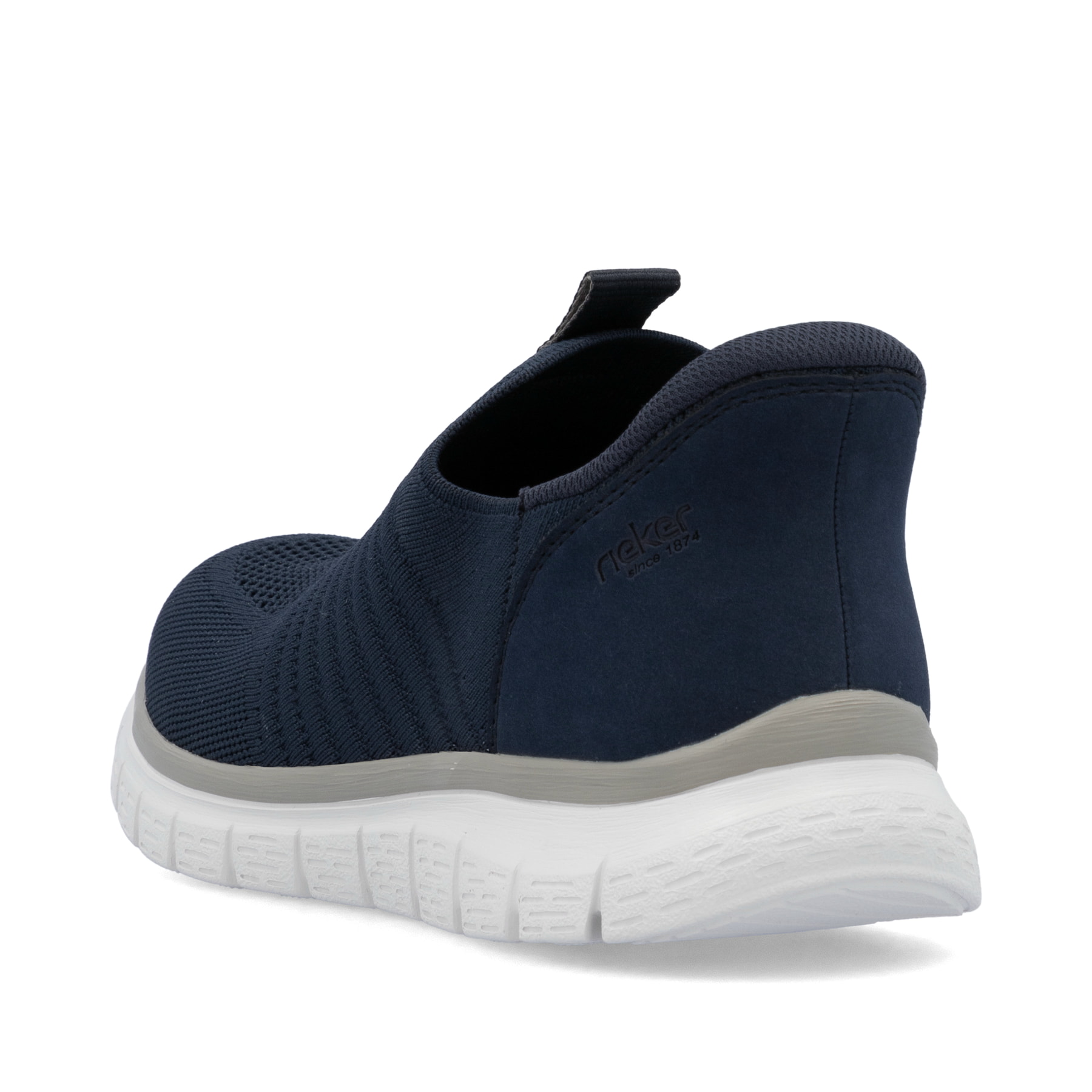 Blaue Rieker Herren Slipper B6659-14 mit Ready2GO Slip-in Feature sowie Gummizug. Schuh von hinten.