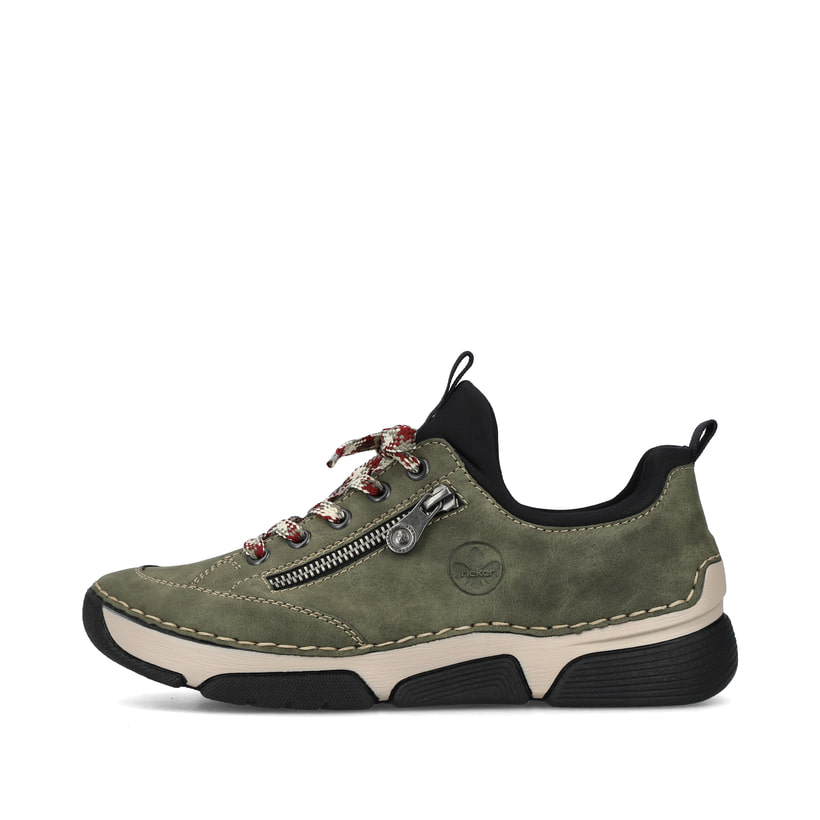 
Khakigrüne Rieker Damen Slipper 45973-54 mit Elastikeinsatz sowie einer leichten Sohle. Schuh Außenseite