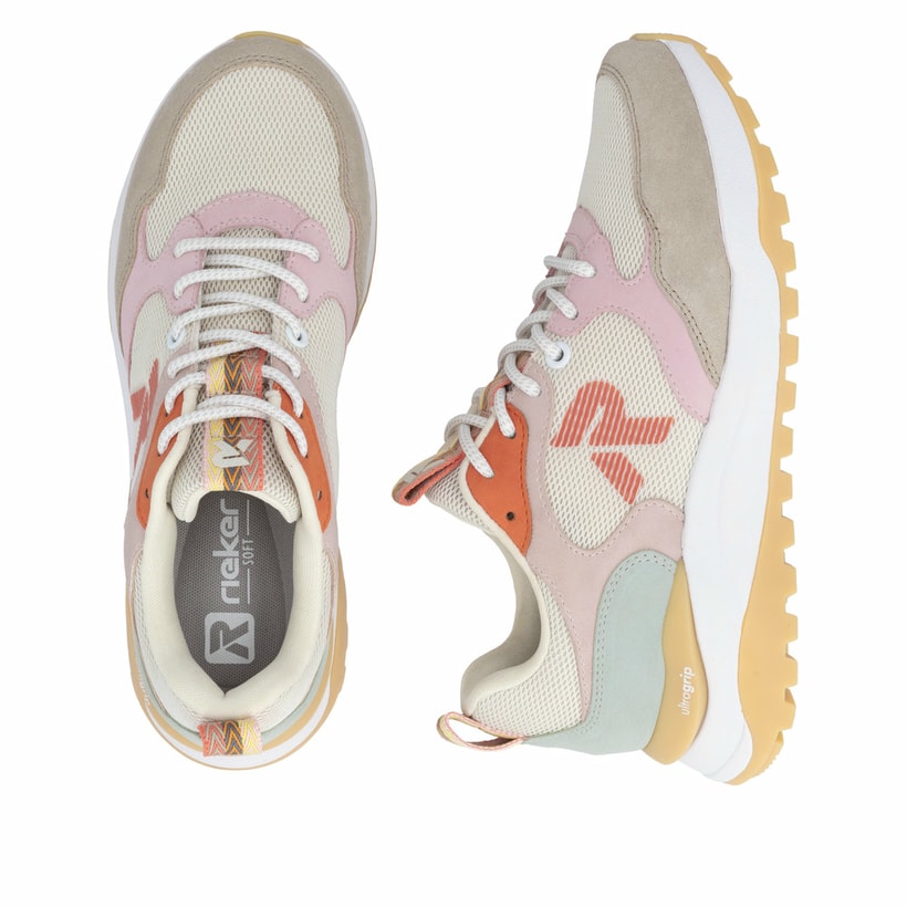 Baskets basses Rieker beiges pour femme W2506-61 avec lacets. Chaussure vue de dessus, couchée.