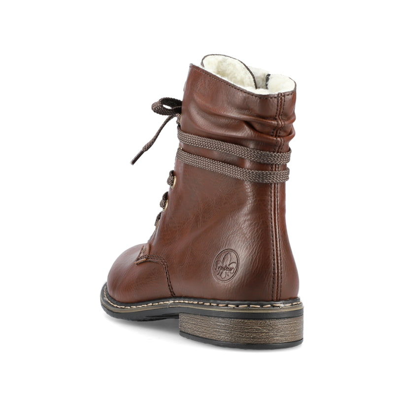 Dunkelbraune Rieker Damen Schnürstiefel 71229-22 mit einem Reißverschluss. Schuh von hinten.