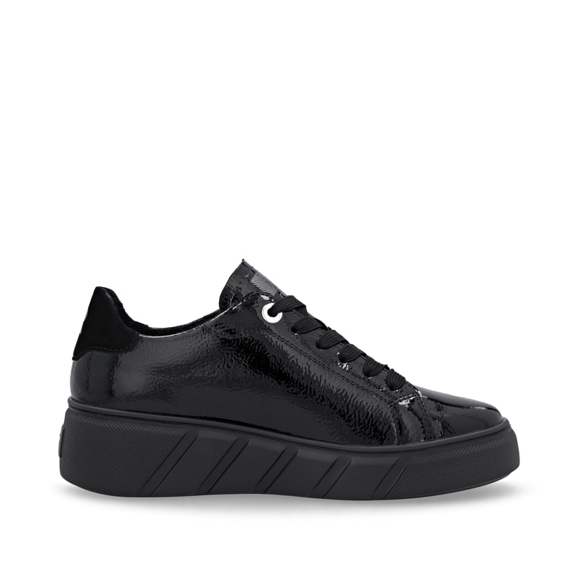 Baskets basses Rieker noires femme W2601-00 en cuir verni avec lacets. Chaussure vue de l'arrière.