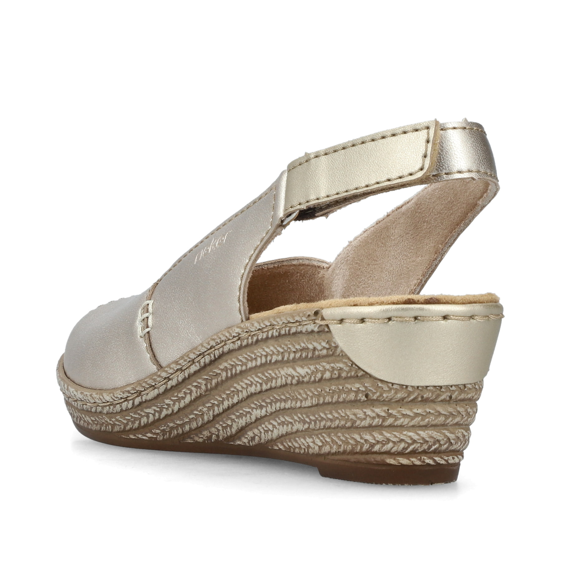 Goldene Rieker Keilsandaletten 62462-90 mit Klettverschluss sowie leichter Sohle. Schuh von hinten.