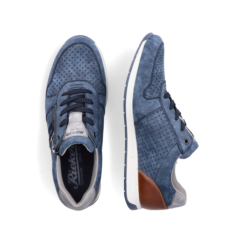 Blaue Rieker Herren Schnürschuhe 11926-14 mit Reißverschluss sowie Löcheroptik. Schuh von oben, liegend.