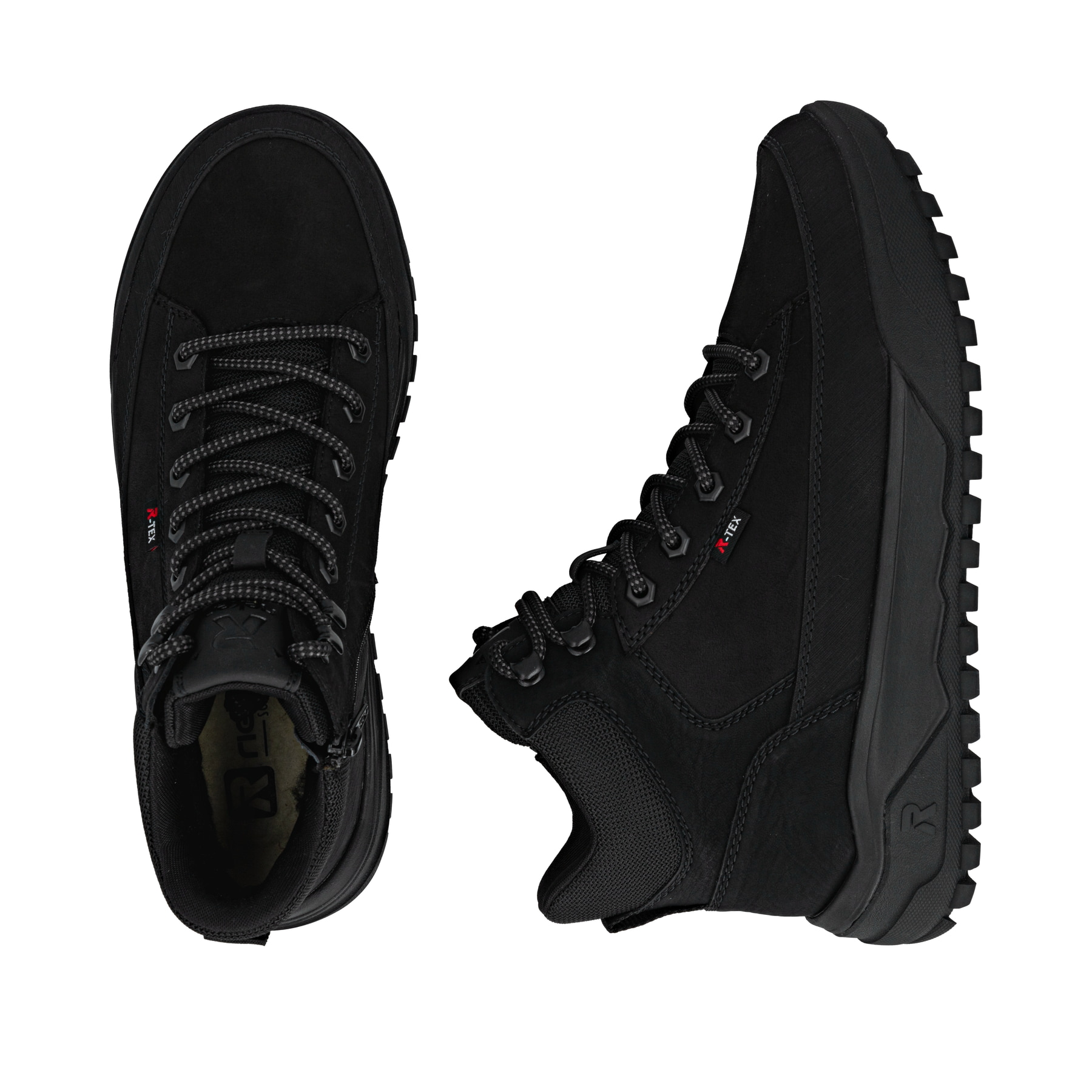 Schwarze Rieker Herren Schnürstiefel U1571-00 mit wasserabweisender TEX-Membran. Schuh von oben, liegend.