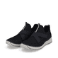 Blaue Rieker Damen Slipper 51556-14 mit einem Elastikeinsatz. Schuhpaar seitlich schräg.