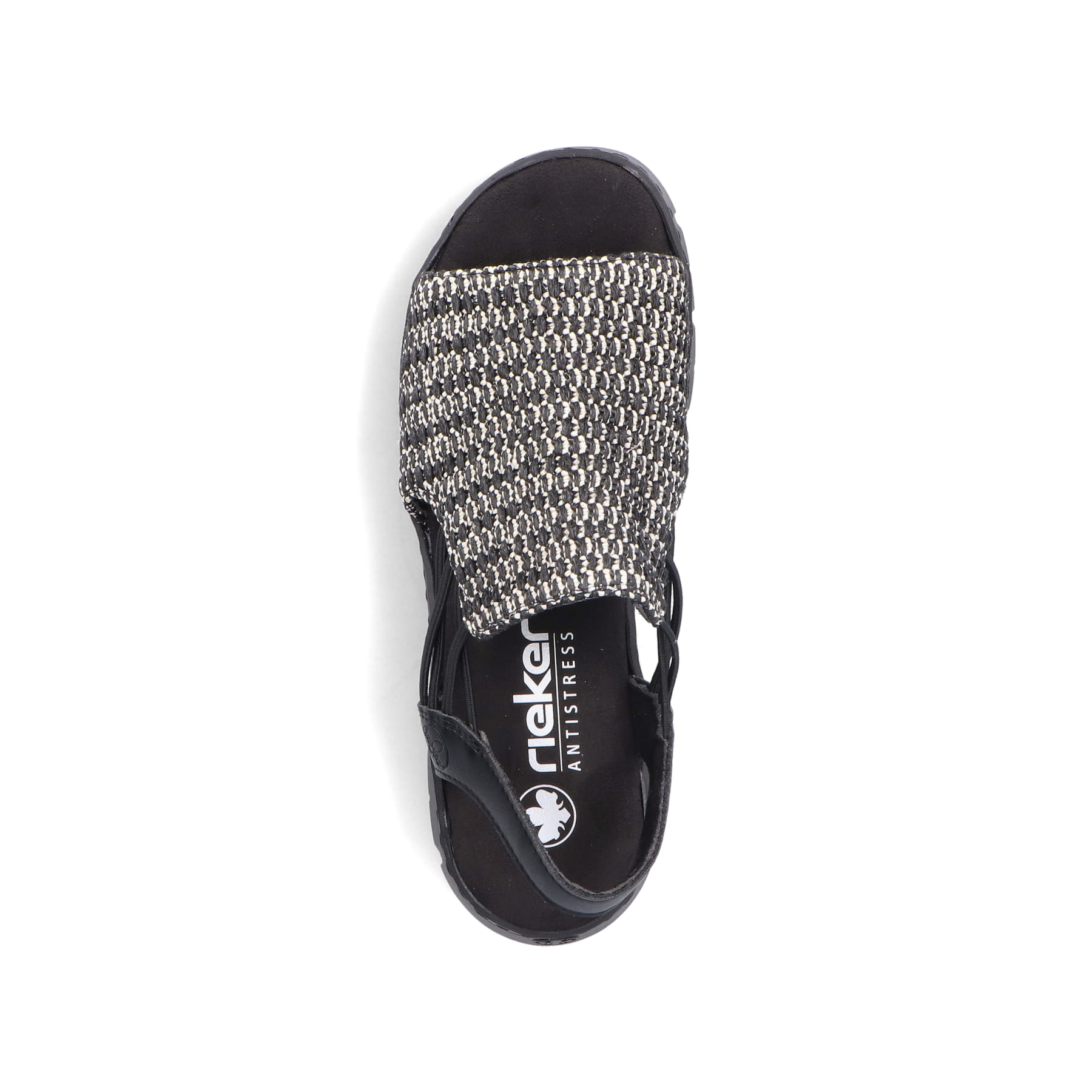 Sandales compensées Rieker noires femme V1051-00 avec bande élastique. Chaussure vue de dessus.