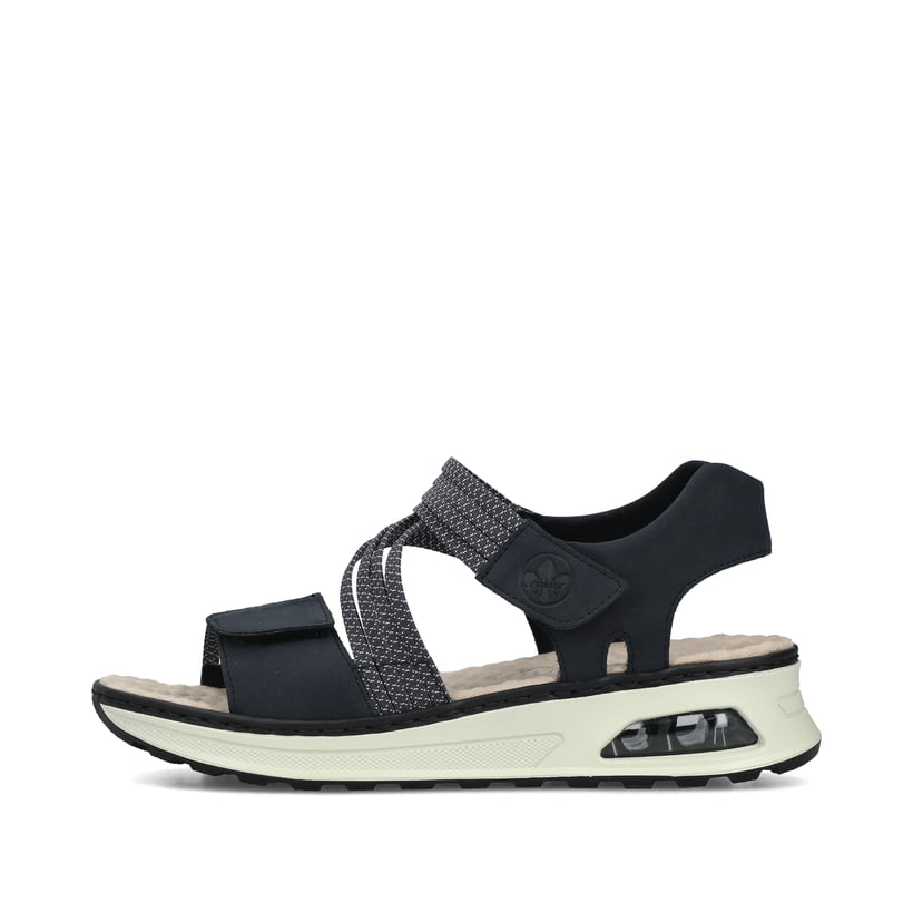 Blaue Rieker Keilsandaletten 65671-14 mit Rieker Air Sohlenfenster. Schuh Außenseite.