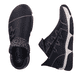 Schwarz-graue Rieker Damen Kurzstiefel 45983-00 mit einem Reißverschluss. Schuh von oben, liegend.