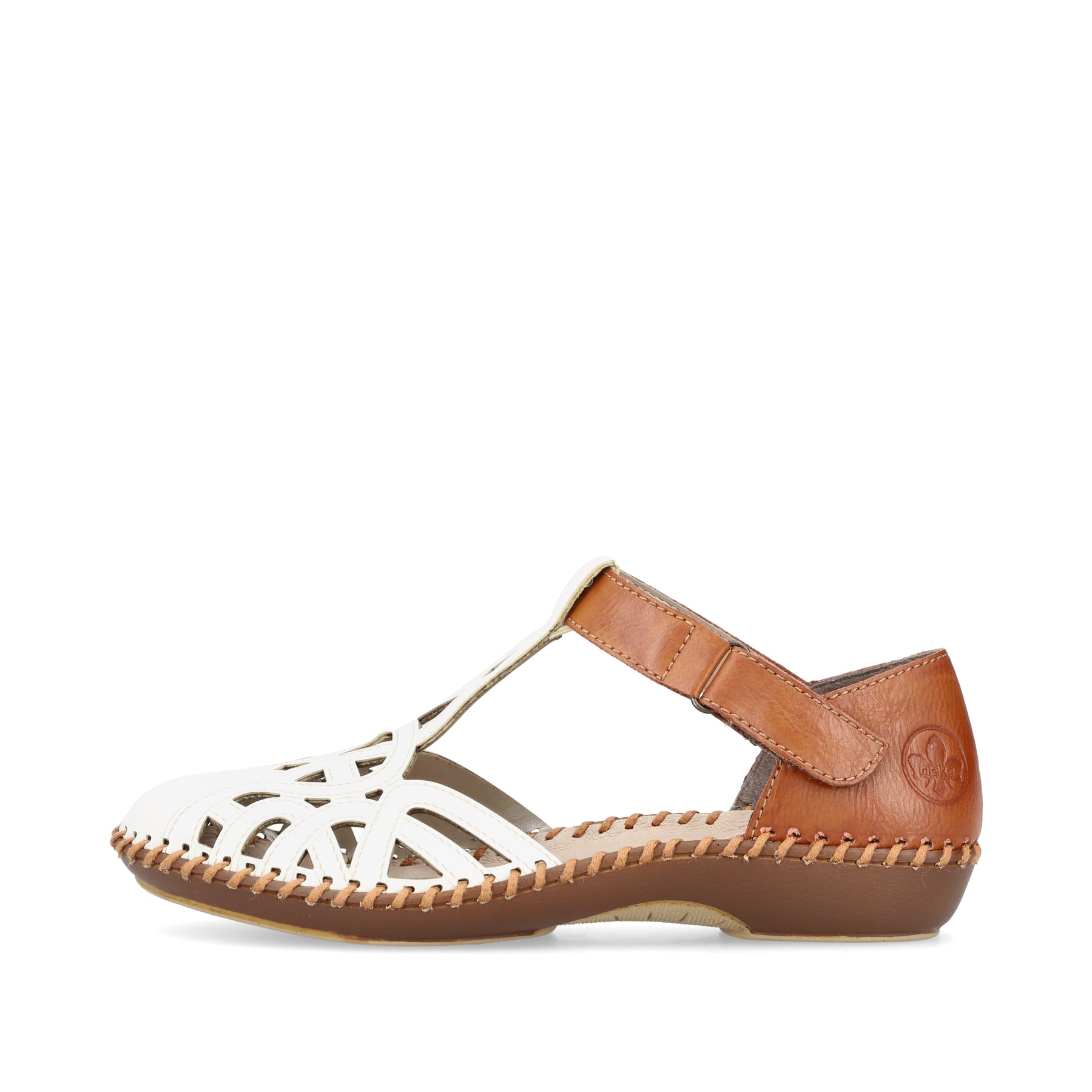 Weiße Rieker Damen Riemchensandalen M1678-80, Barfußschuhe mit Klettverschluss. Schuh Außenseite.